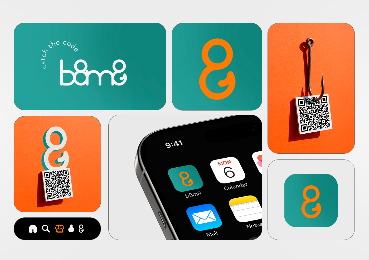 Sistema de marca B8M8 com logotipo, ícone, QR Code e interface