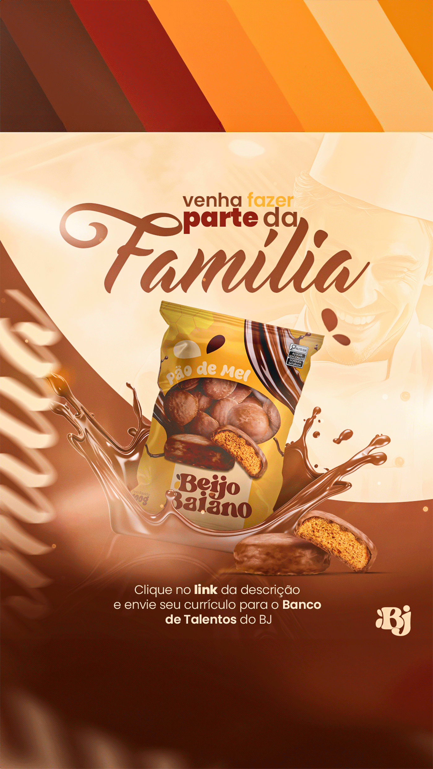 Peça vertical da campanha Beijo Baiano com embalagem de pão de mel e chocolate